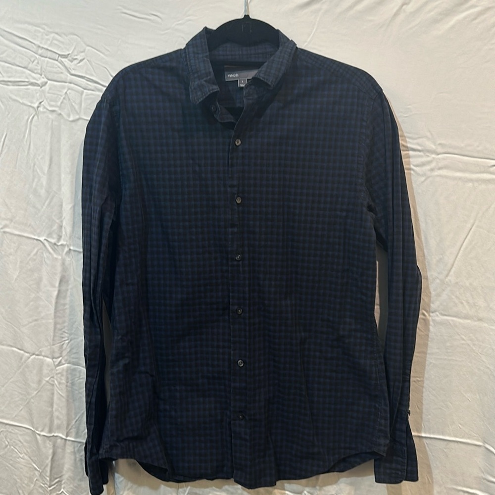 Vince Men’s Plaid/Dark Blue/Black Button Down Shirt, Size Large